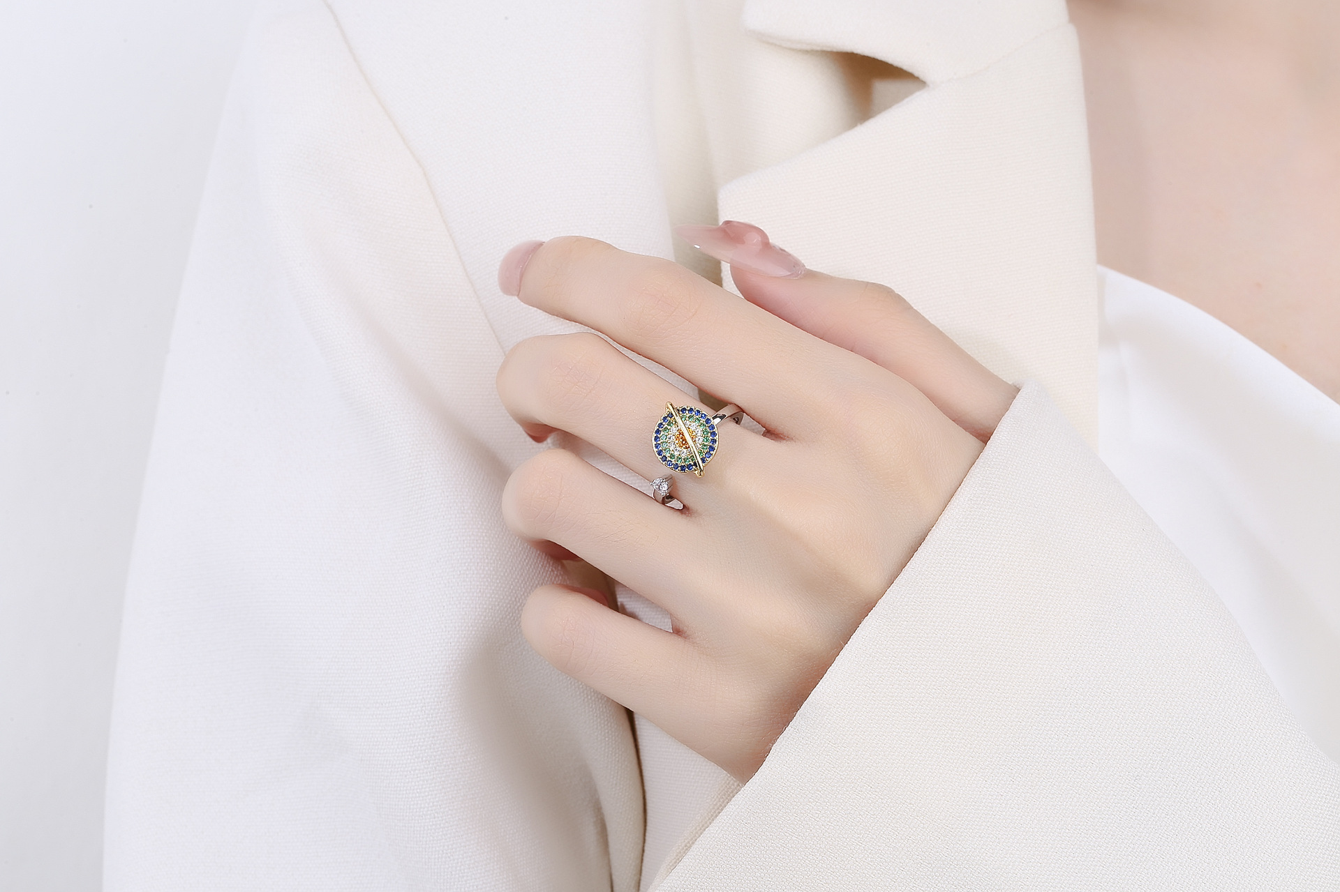 Rotating Muticolor Zircon Planet Ring Adjustable Anti-Stress Open Finger Rings